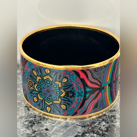 HERMÈS Palladium Du Vent Multicolor Paisley Gold tone trim Wide Bangle Bracelet - Picture 3 of 6